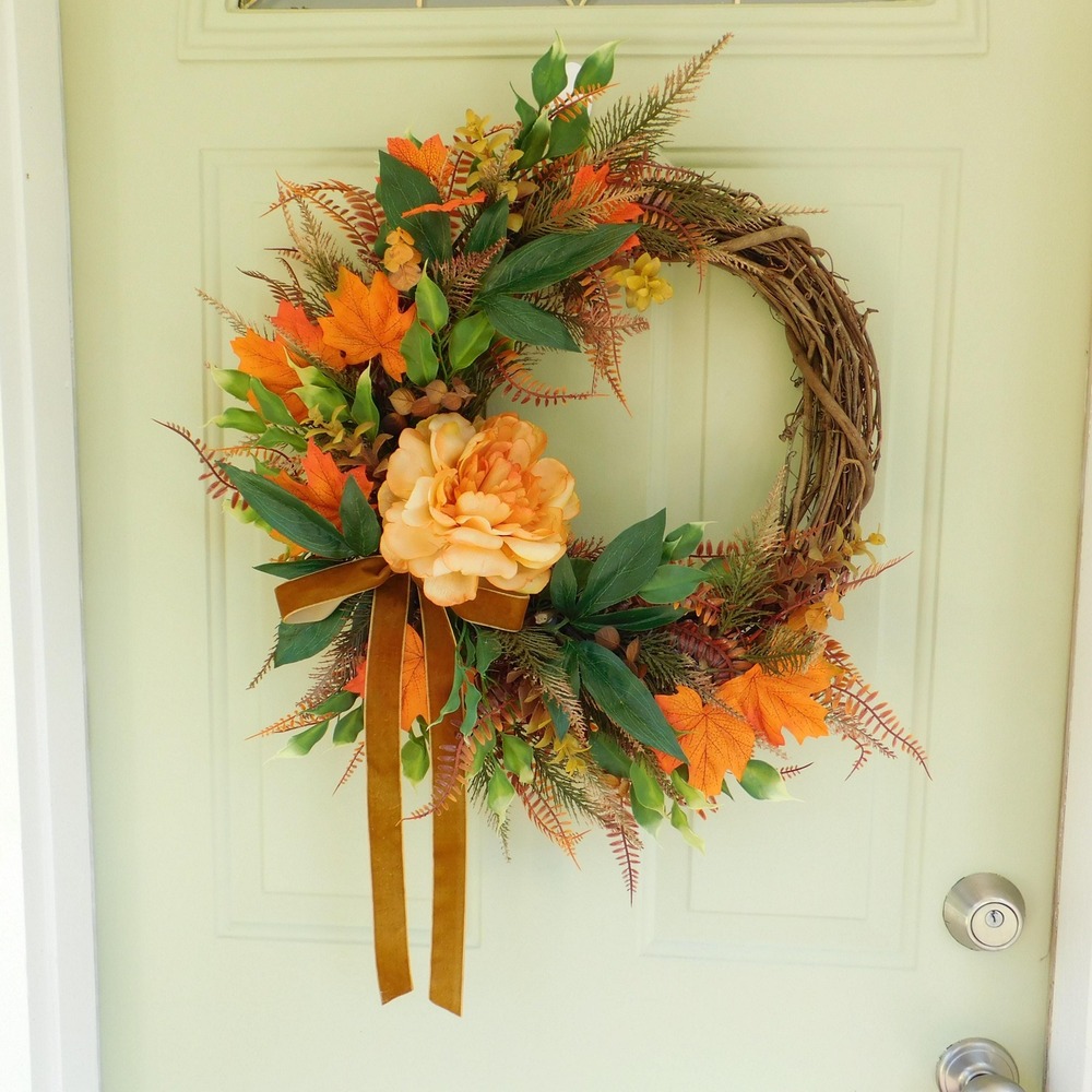 Fall Peony Wreath for Front Door, Orange Maple‎ Leaves, Autumn Colors Wreath,